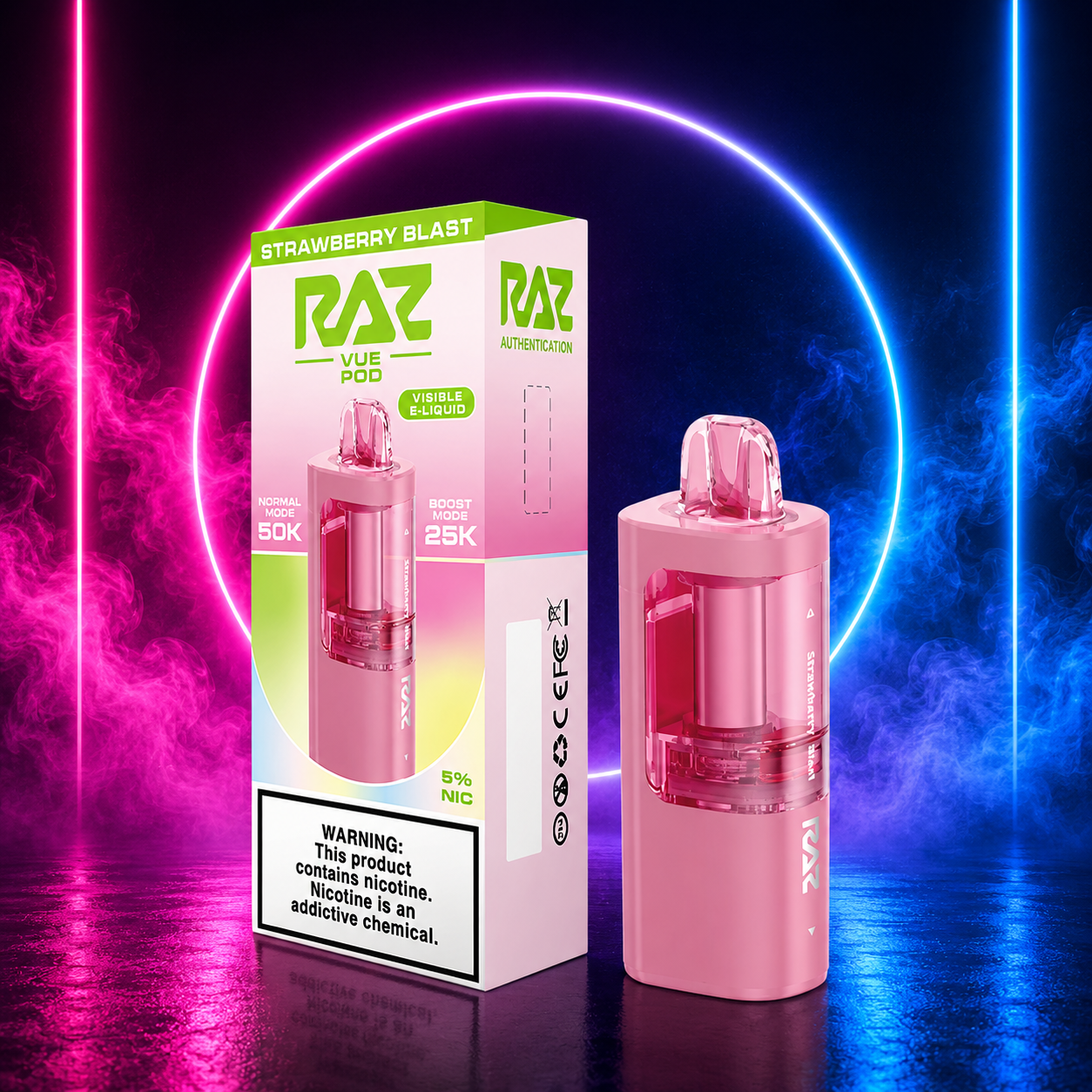 RAZ Vue 50K Strawberry Blast replacement pod at Pink Smoke Shop Miami with neon pink purple and blue smoke background