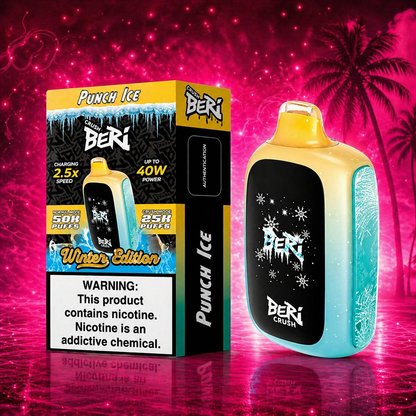Punch Ice Beri Crush disposable vape 25000 puffs with neon pink background high performance vape device
