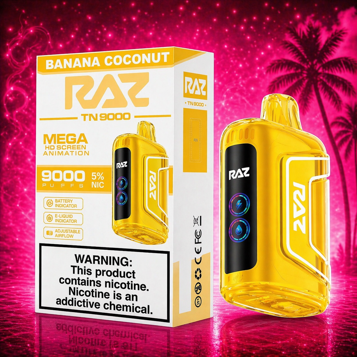 RAZ TN9000 Banana Coconut disposable vape 9000 puffs with vibrant pink cherry lemon background