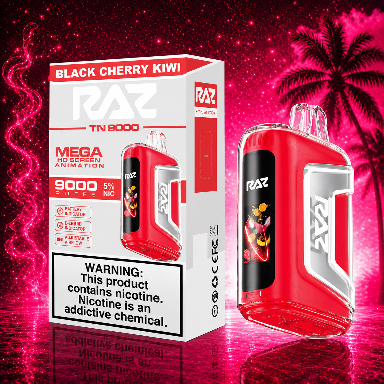 RAZ TN9000 Black Cherry Kiwi Disposable Vape with premium neon background available at Pink Smoke Shop