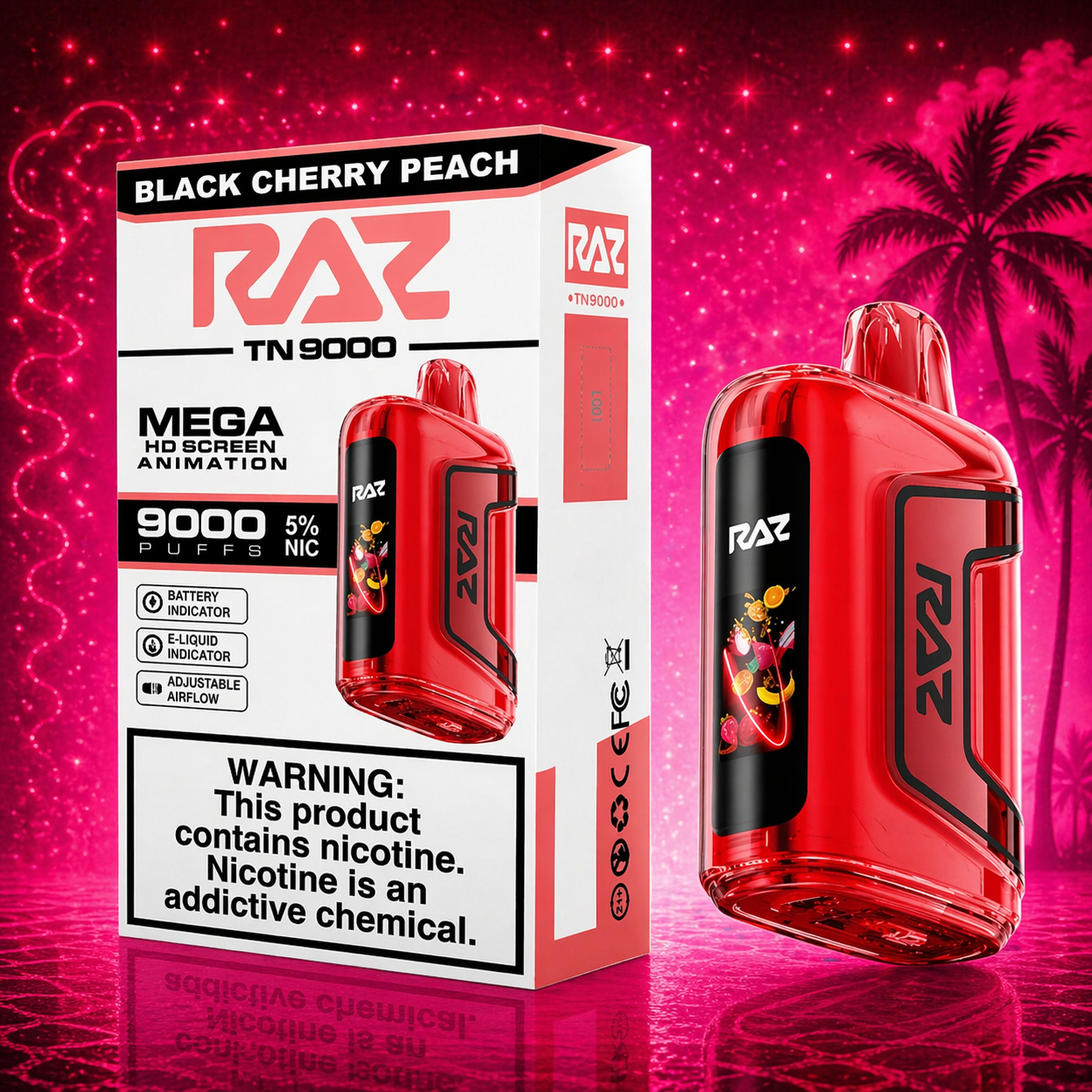 RAZ TN9000 Black Cherry Peach disposable vape 9000 puffs with vibrant pink cherry lemon background