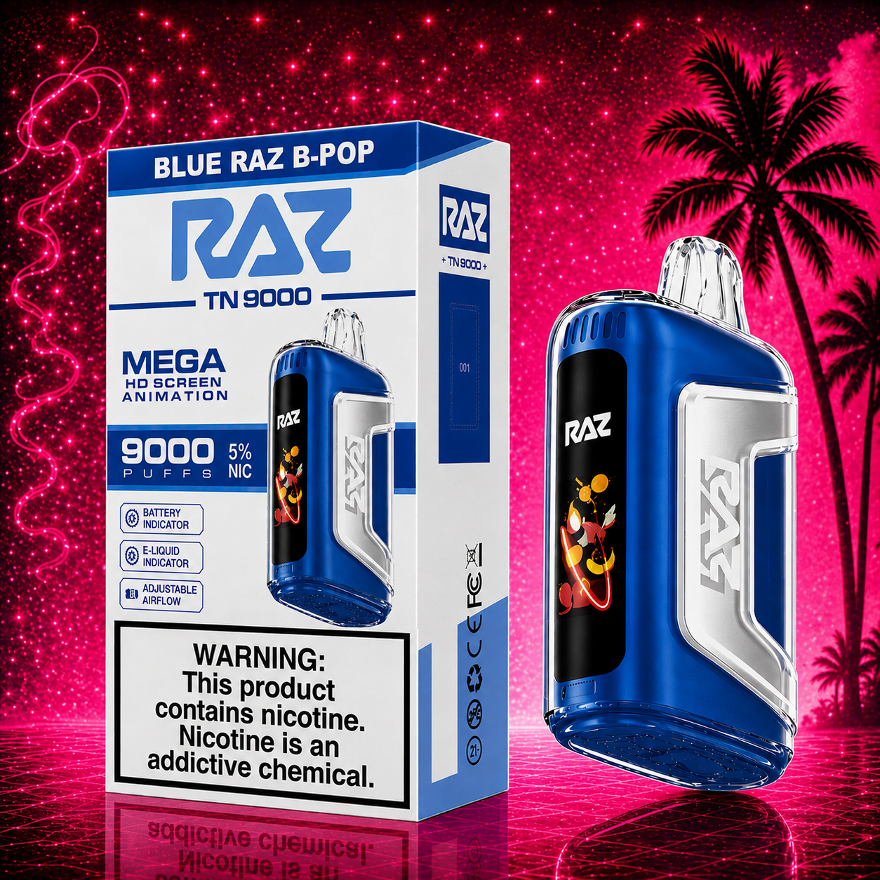 RAZ TN9000 Blue Raz B-Pop disposable vape with neon pink Miami-style background featuring 9000 puffs, rechargeable battery, HD screen animation, and adjustable airflow.