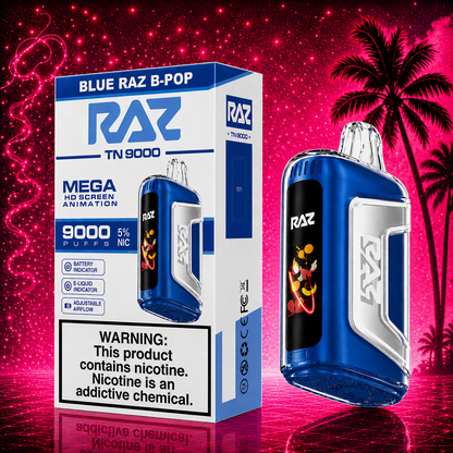 RAZ TN9000 Blue Raz B-Pop disposable vape with neon pink Miami-style background featuring 9000 puffs, rechargeable battery, HD screen animation, and adjustable airflow.