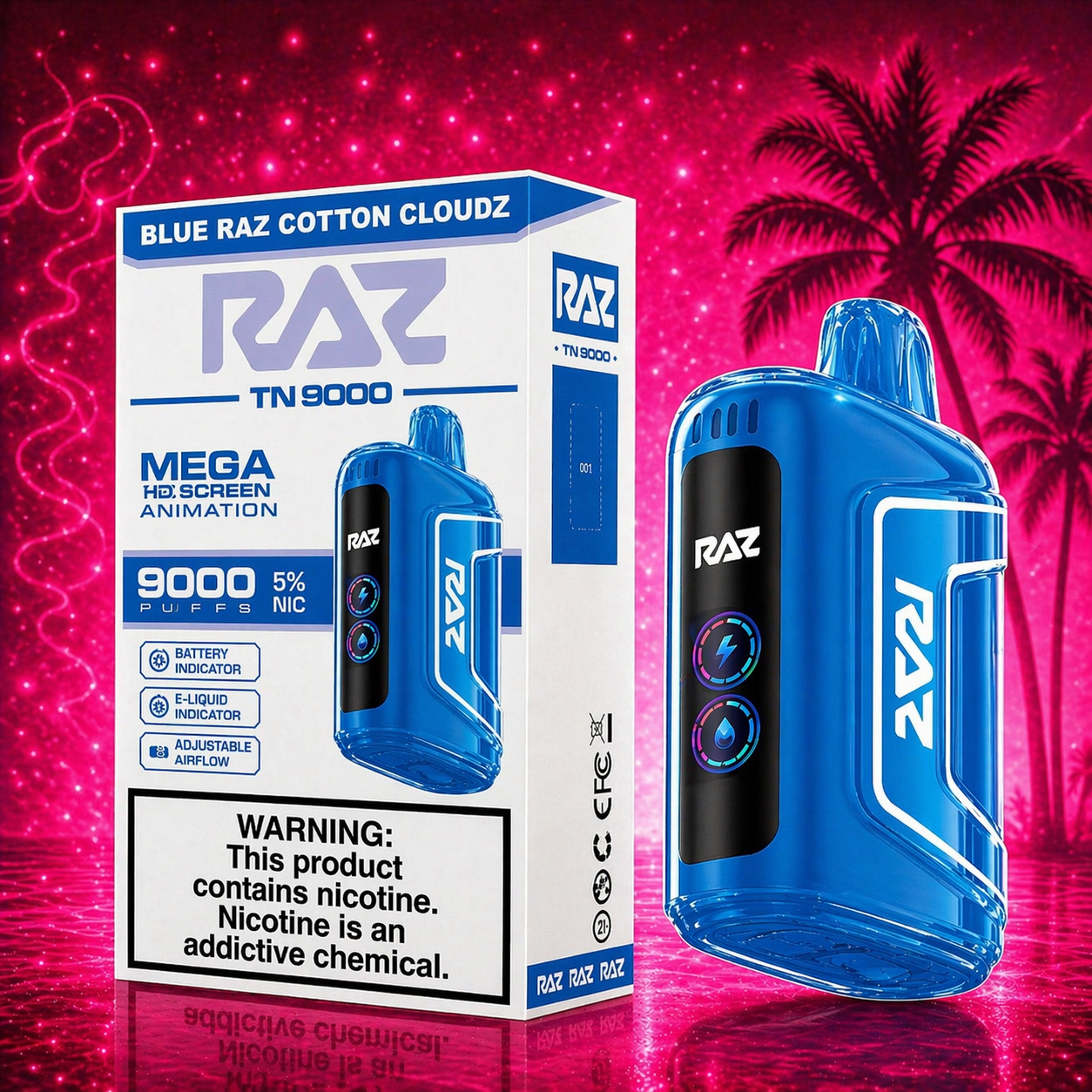 RAZ TN9000 Blue Raz Cotton Cloudz disposable vape 9000 puffs with vibrant pink cherry lemon background