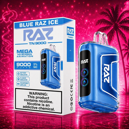 RAZ TN9000 Blue Raz Ice disposable vape 9000 puffs with pink cherry lemon background 