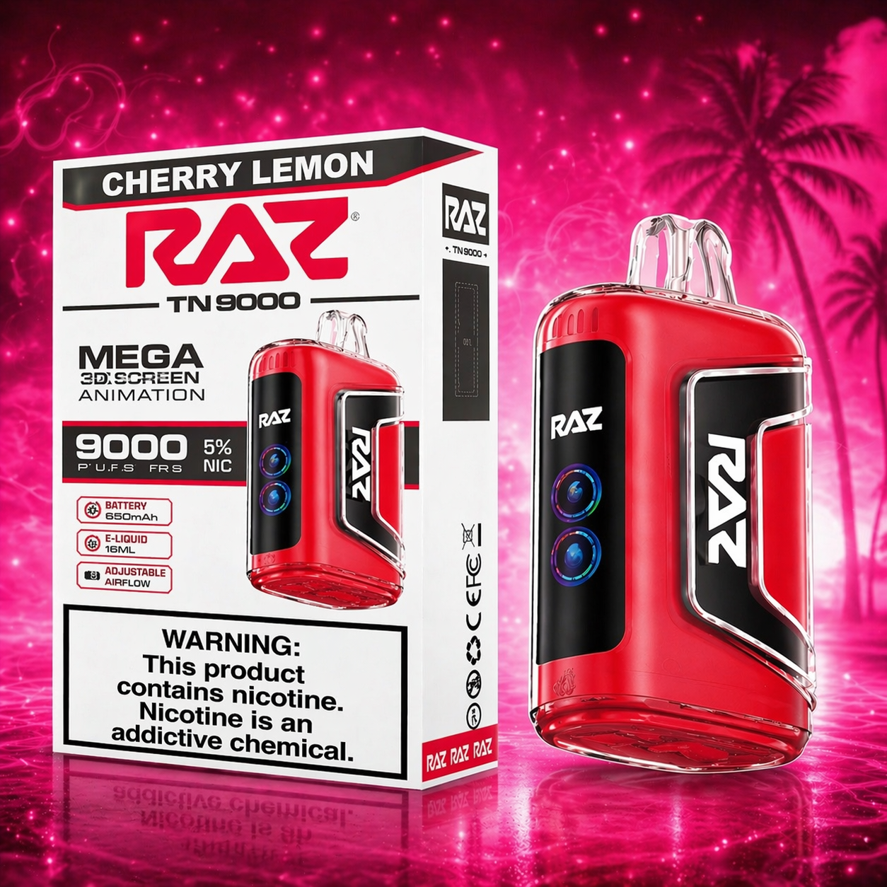 RAZ TN9000 Cherry Lemon Disposable Vape 9000 puffs with premium pink Miami style background