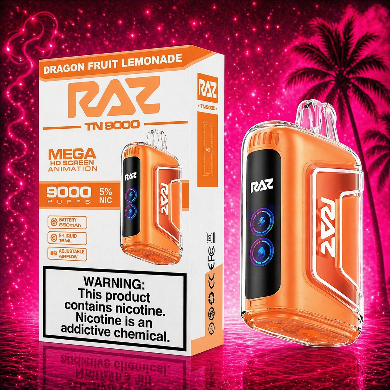RAZ TN9000 Dragon Fruit Lemonade disposable vape 9000 puffs with vibrant pink cherry lemon background