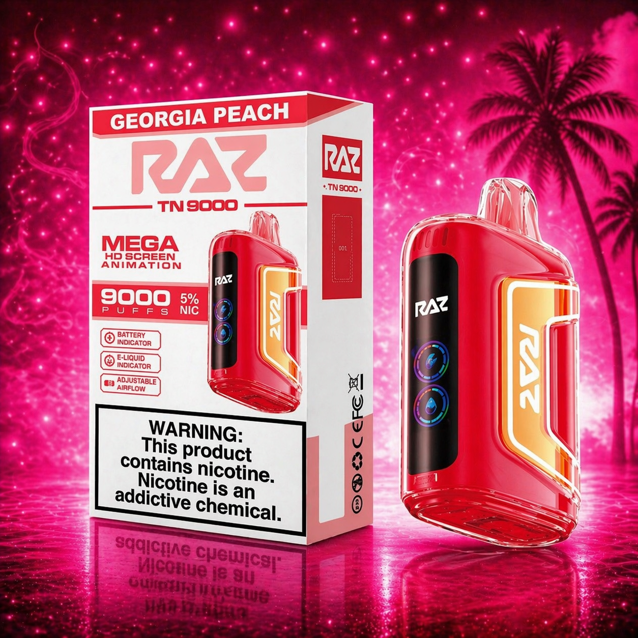 RAZ TN9000 Georgia Peach disposable vape 9000 puffs with vibrant pink cherry lemon style background