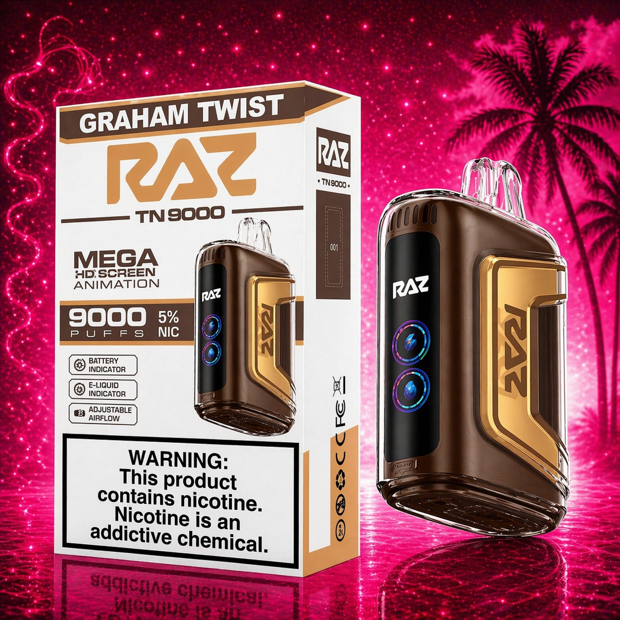 RAZ TN9000 Graham Twist disposable vape 9000 puffs with vibrant cherry lemon pink background