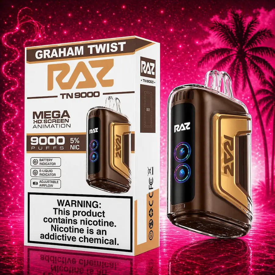 RAZ Graham Twist TN9000 Disposable Vape 9000 Puffs featuring rechargeable battery, adjustable airflow, Mega HD screen, and premium Graham Twist flavor