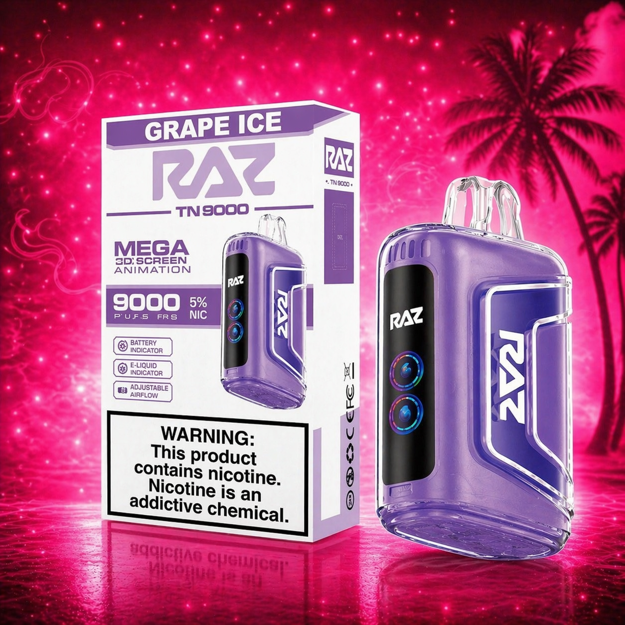 RAZ TN9000 Grape Ice disposable vape 9000 puffs with vibrant pink background