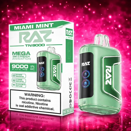 RAZ TN9000 Miami Mint disposable vape 9000 puffs with packaging on pink background