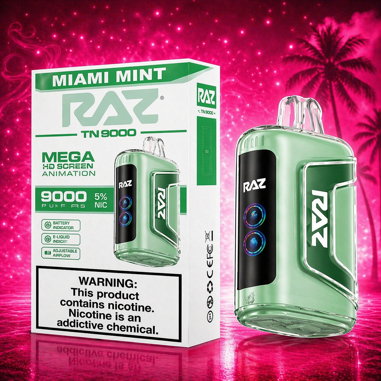 RAZ TN9000 Miami Mint disposable vape 9000 puffs with packaging on pink background