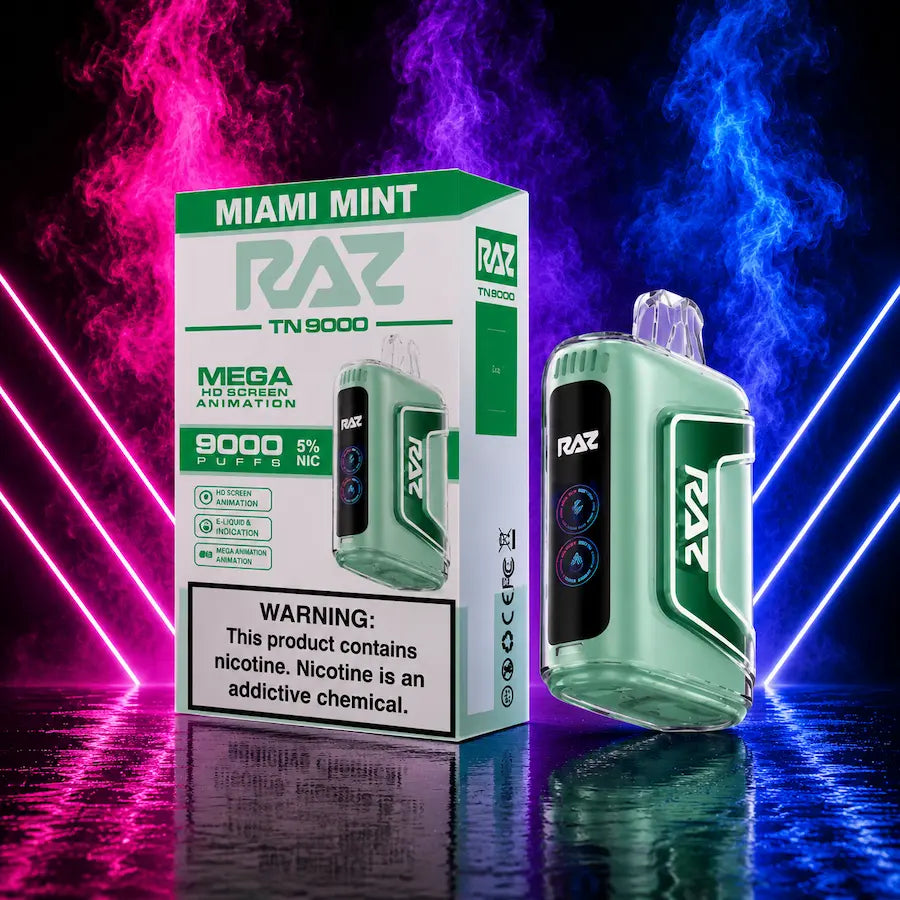 RAZ TN9000 Miami Mint disposable vape 9000 puffs with packaging on pink background