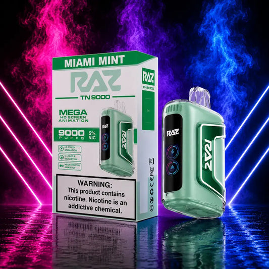 RAZ TN9000 Miami Mint disposable vape 9000 puffs with packaging on pink background