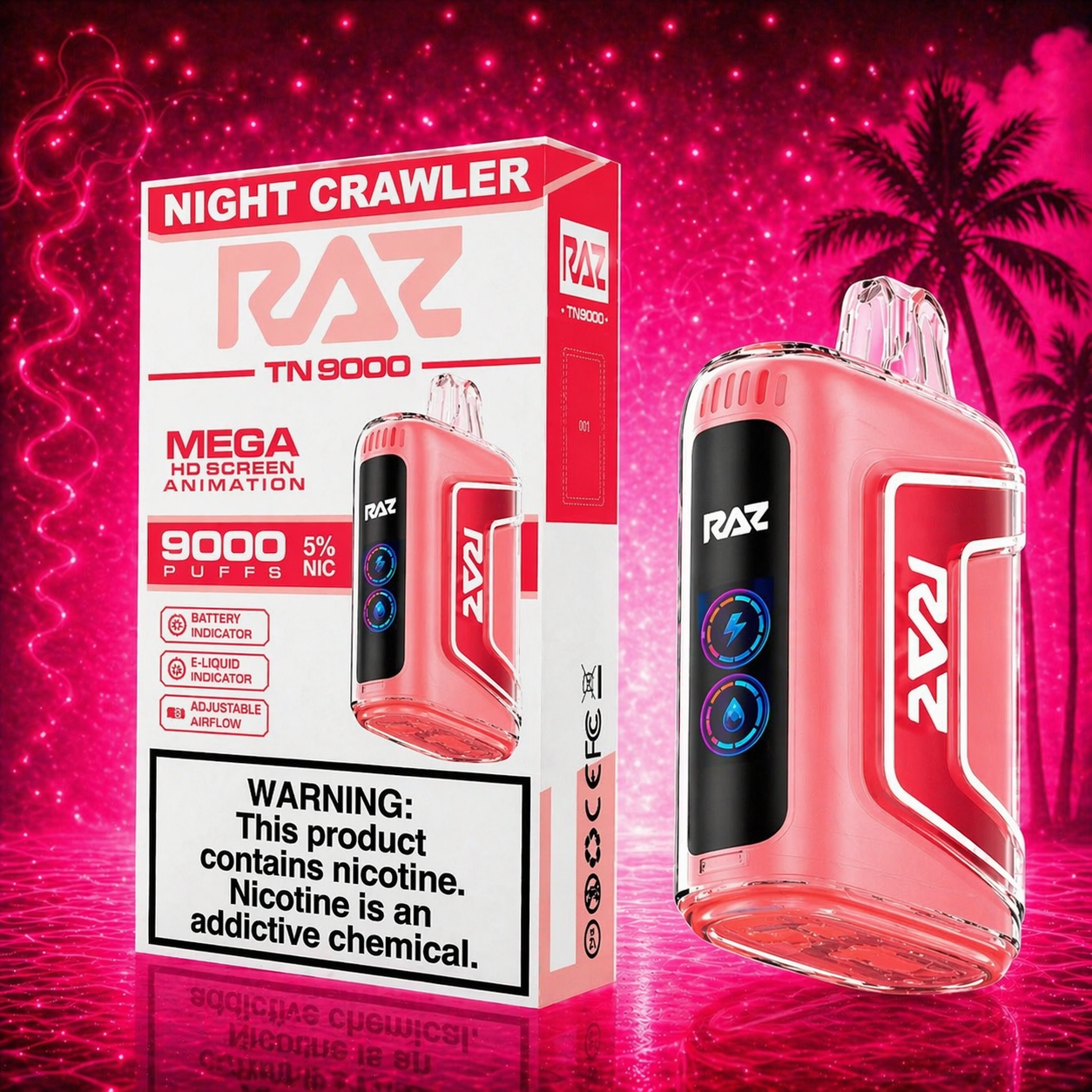 RAZ TN9000 Night Crawler disposable vape 9000 puffs with vibrant pink cherry lemon background
