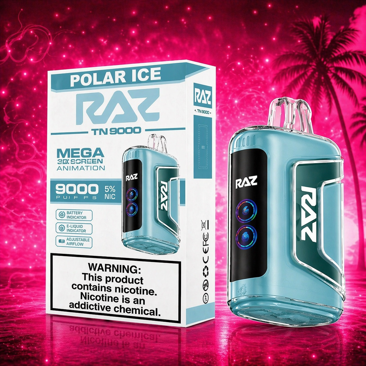 RAZ TN9000 Polar Ice disposable vape 9000 puffs with vibrant pink cherry lemon style background