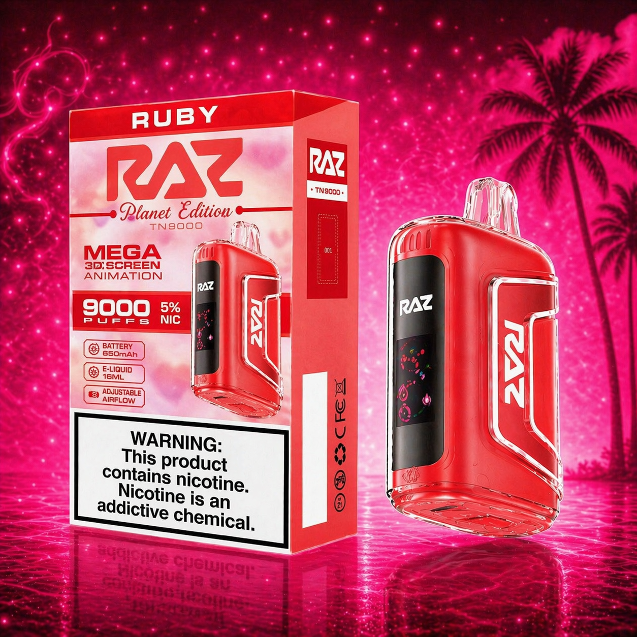 RAZ TN9000 Ruby disposable vape 9000 puffs with vibrant pink cherry lemon background