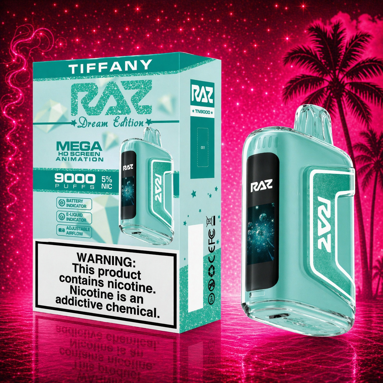 RAZ TN9000 Tiffany disposable vape 9000 puffs with vibrant pink cherry lemon background
