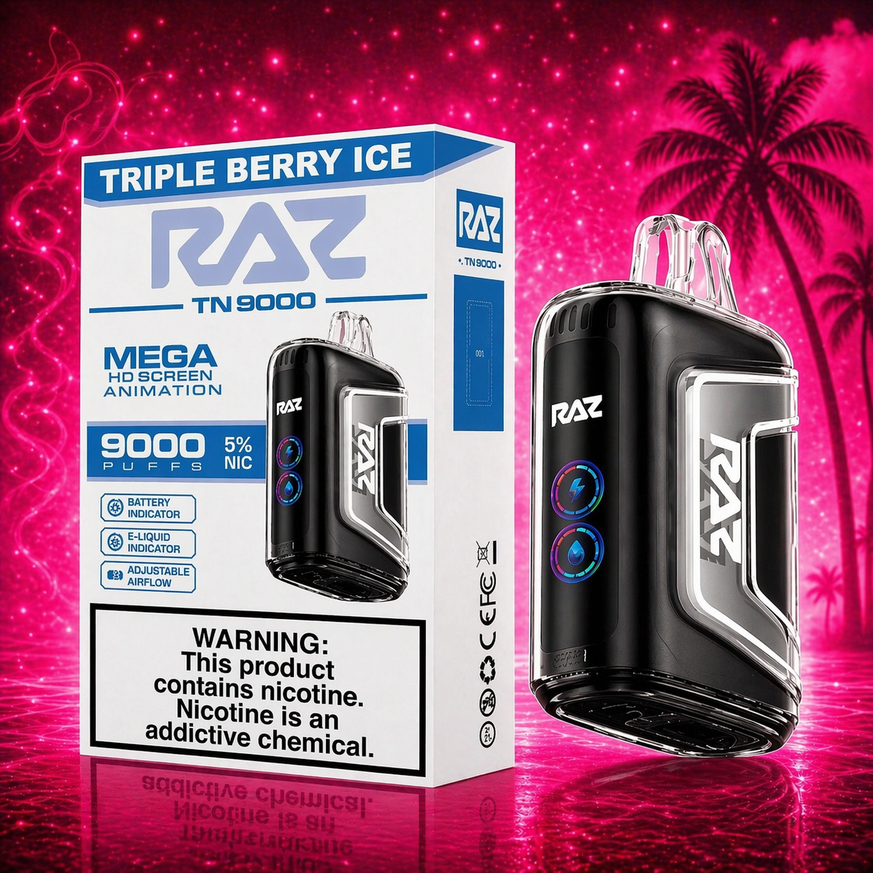 RAZ TN9000 Triple Berry Ice disposable vape 9000 puffs with vibrant pink cherry lemon background