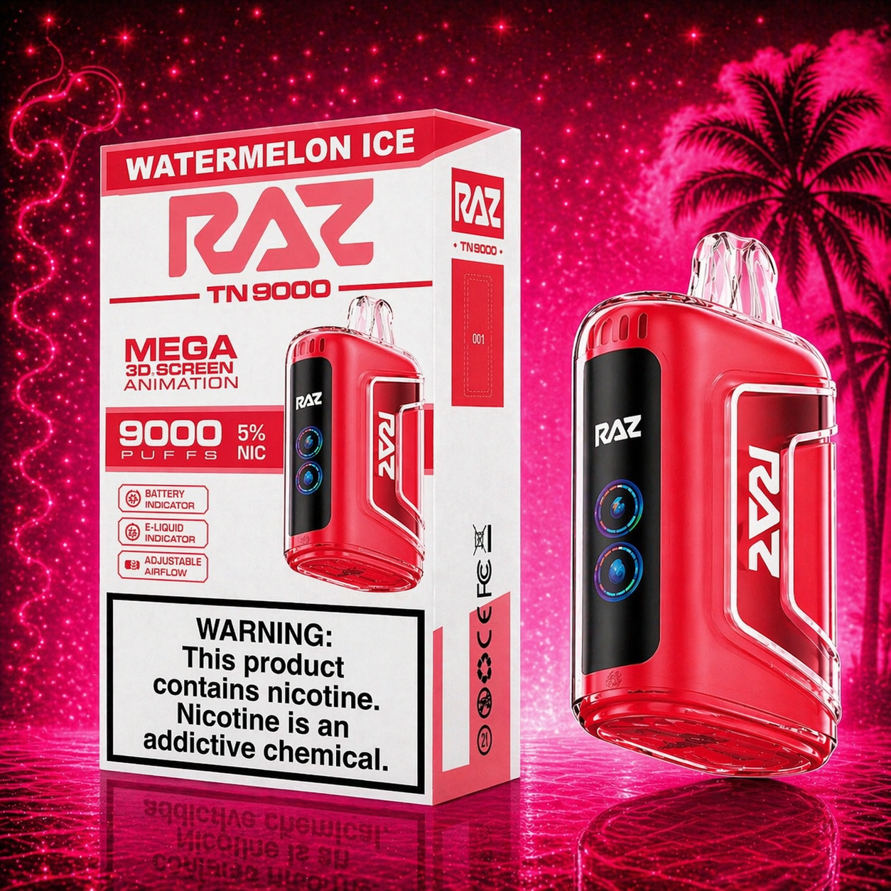 RAZ TN9000 Watermelon Ice disposable vape 9000 puffs with vibrant cherry lemon pink background