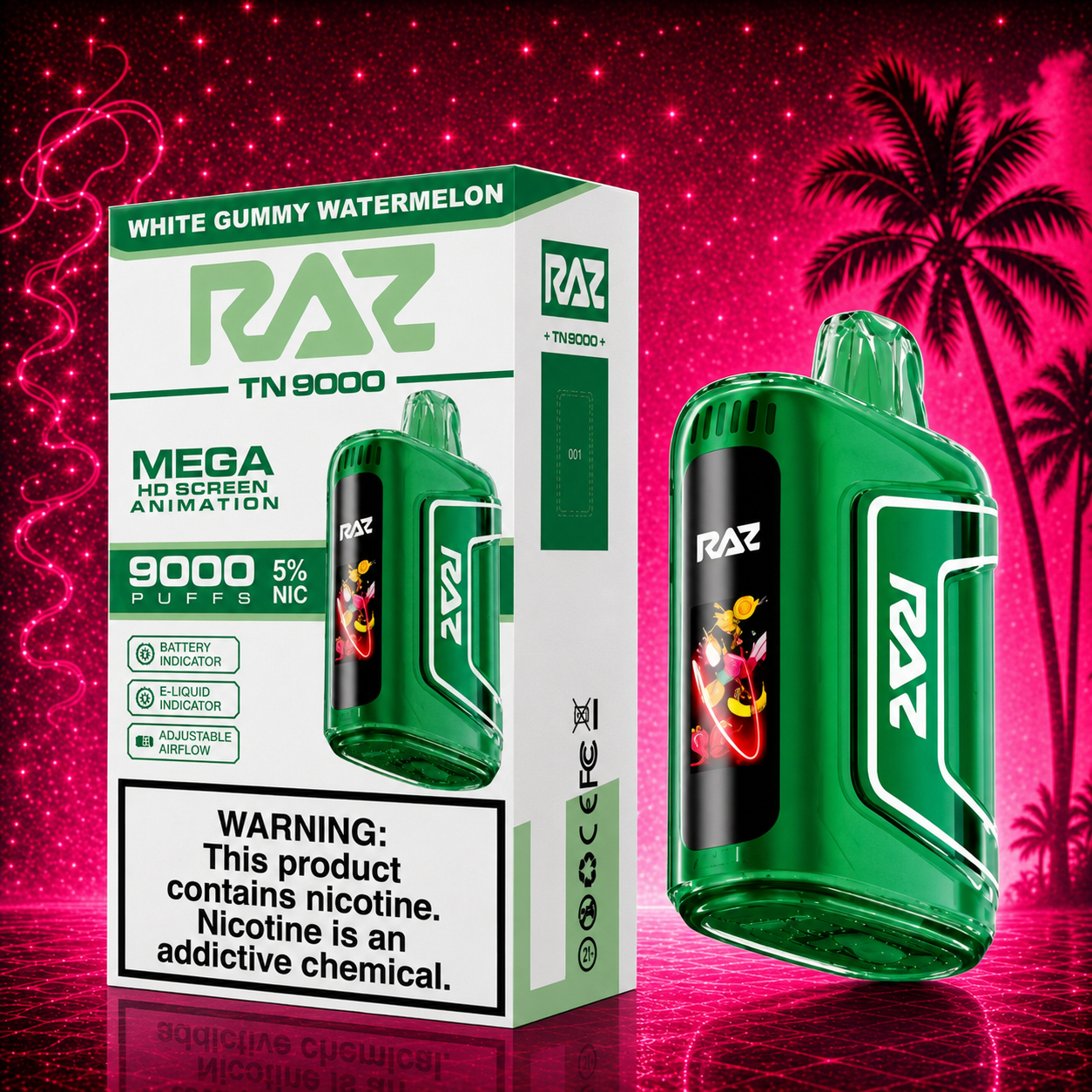 RAZ TN9000 White Gummy Watermelon disposable vape with neon pink background featuring 9000 puffs, rechargeable battery, and adjustable airflow available in Miami.