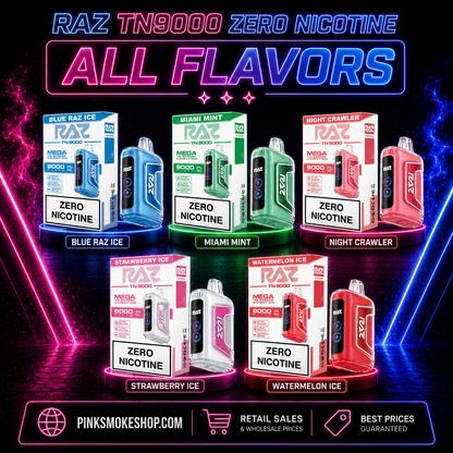 RAZ TN9000 Zero Nicotine Disposable Vape All Flavors including Blue Raz Ice, Miami Mint, Night Crawler, Strawberry Ice, and Watermelon Ice available at Pink Smoke Shop.