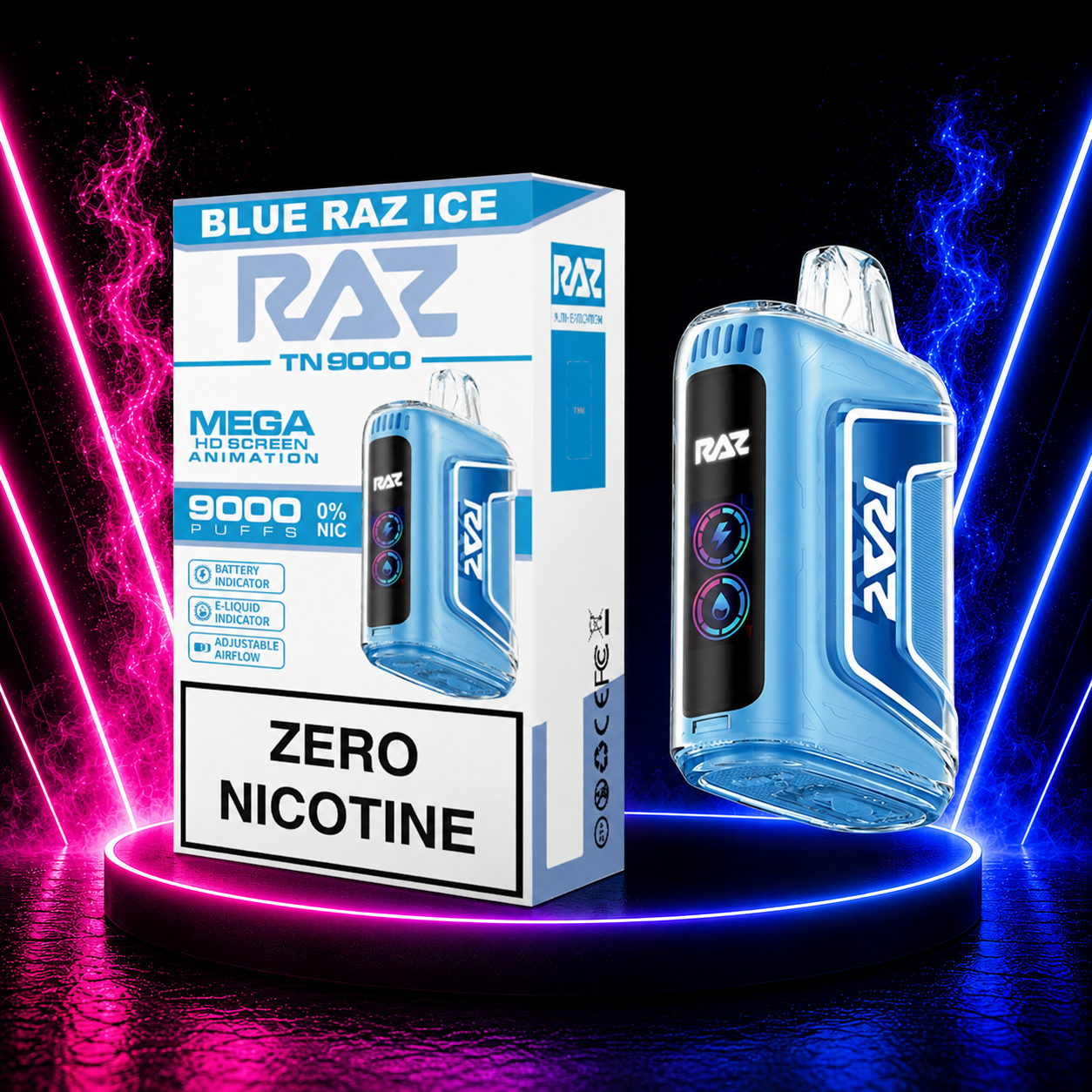 RAZ TN9000 Zero Nicotine Blue Raz Ice disposable vape with retail packaging displayed on neon pink and blue smoke background, available at Pink Smoke Shop.