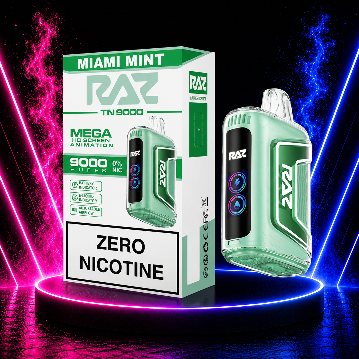 RAZ TN9000 Zero Nicotine Miami Mint vape featuring 9000 puffs, adjustable airflow, battery and e-liquid indicators, displayed with retail box on a neon illuminated background at Pink Smoke Shop.