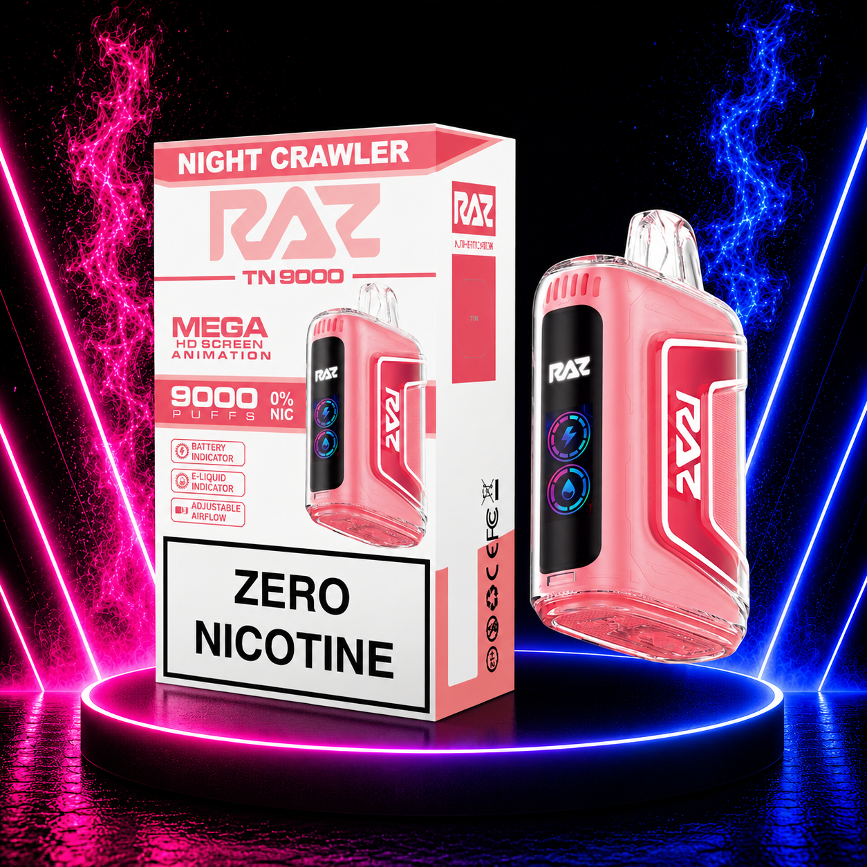 RAZ TN9000 Zero Nicotine Night Crawler disposable vape with retail box displayed on a neon pink and blue futuristic background featuring 9000 puffs, HD screen animation, adjustable airflow, battery indicator, and e-liquid indicator.