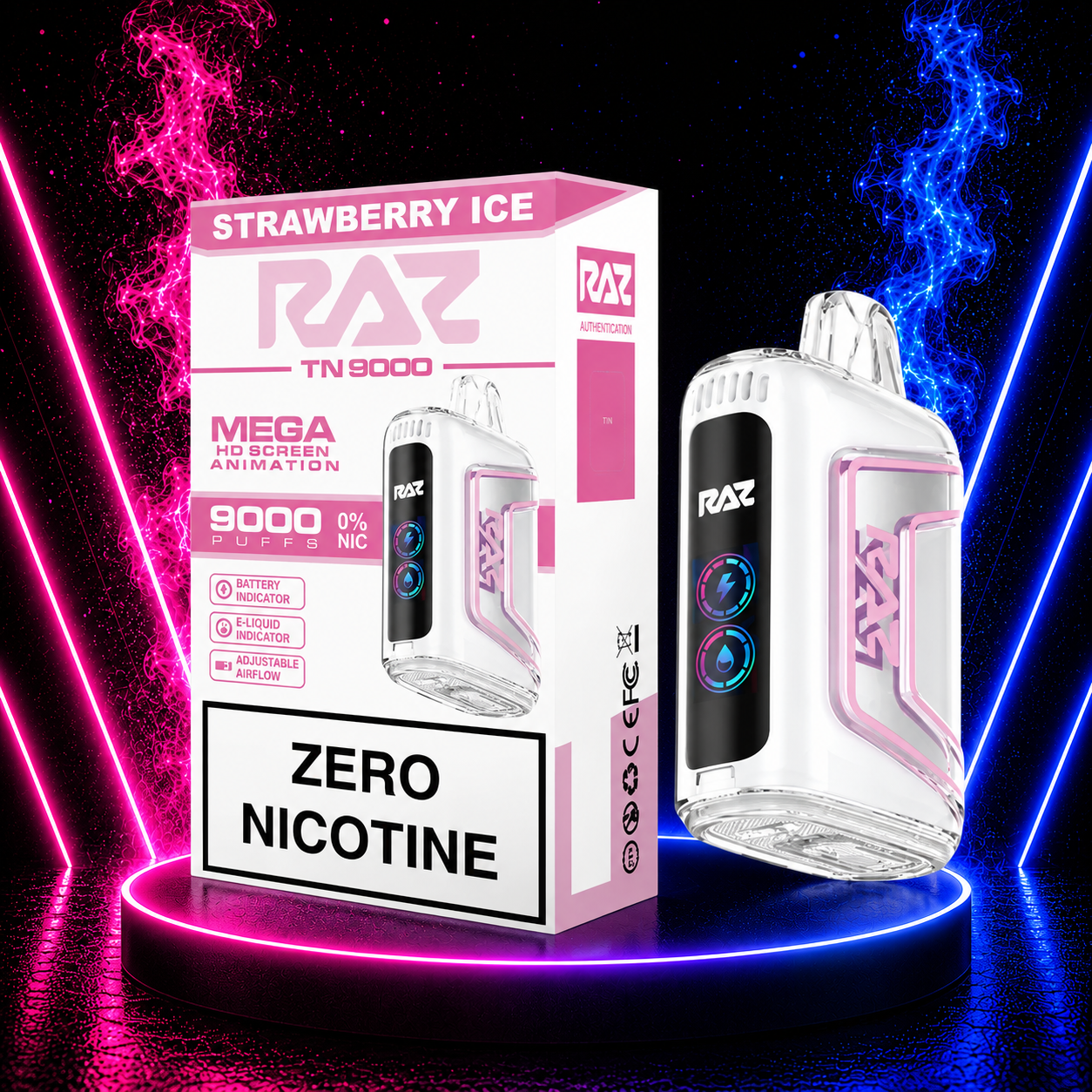 RAZ TN9000 Zero Nicotine Strawberry Ice disposable vape featuring a neon pink and blue background with 9000 puffs, adjustable airflow, and rechargeable design