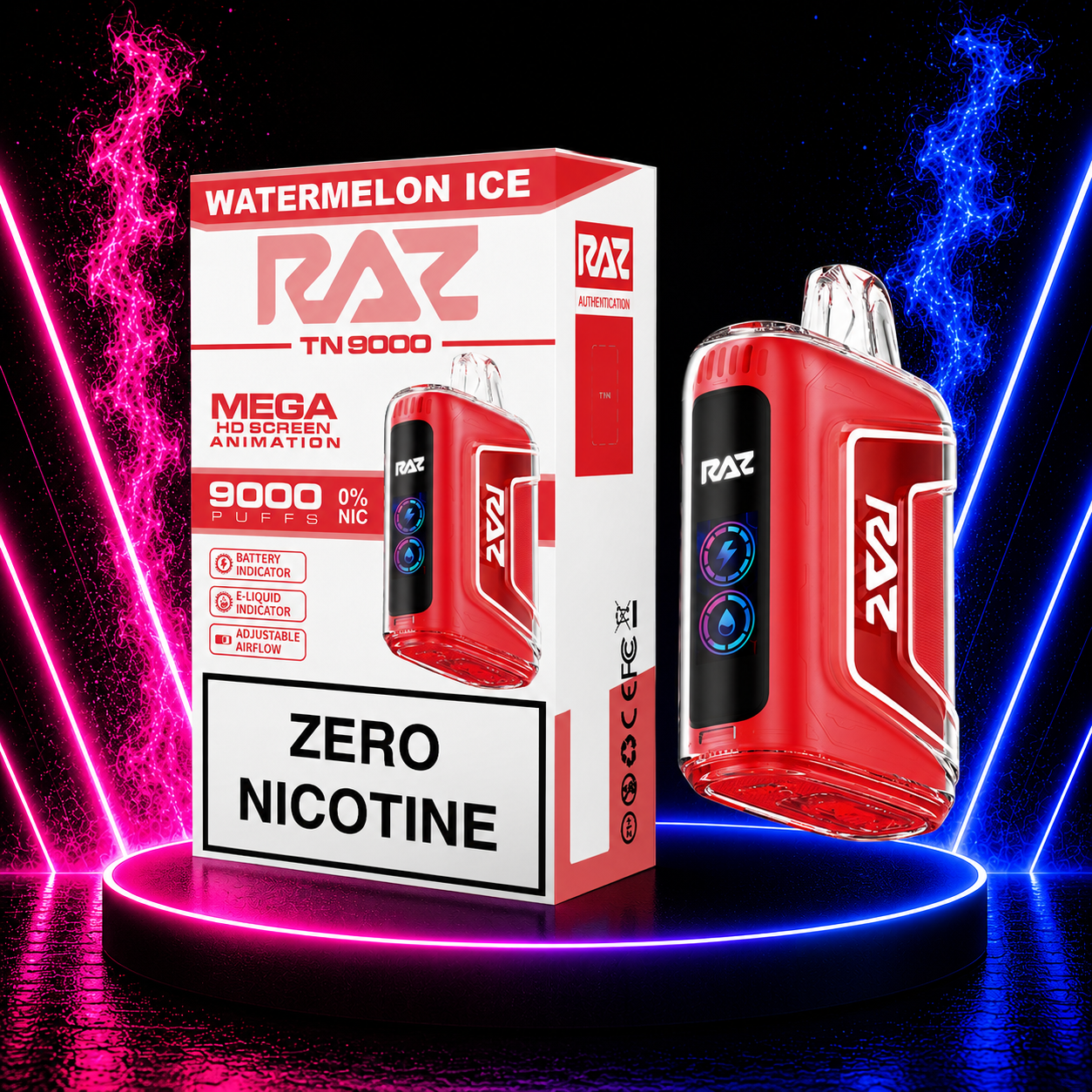 RAZ TN9000 Zero Nicotine Watermelon Ice disposable vape with retail box on a neon pink and blue futuristic background featuring 9000 puffs, HD screen animation, battery indicator, e-liquid indicator, and adjustable airflow.