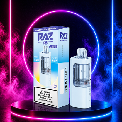 RAZ Vue Pod Blueberry Yummy 5% Nicotine Replacement Pod with Neon Smoke Background