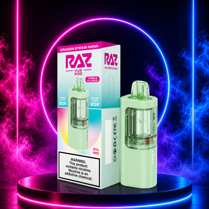 RAZ Vue Pod Dragon Straw Nana 5% Nicotine Replacement Pod with Neon Smoke Background