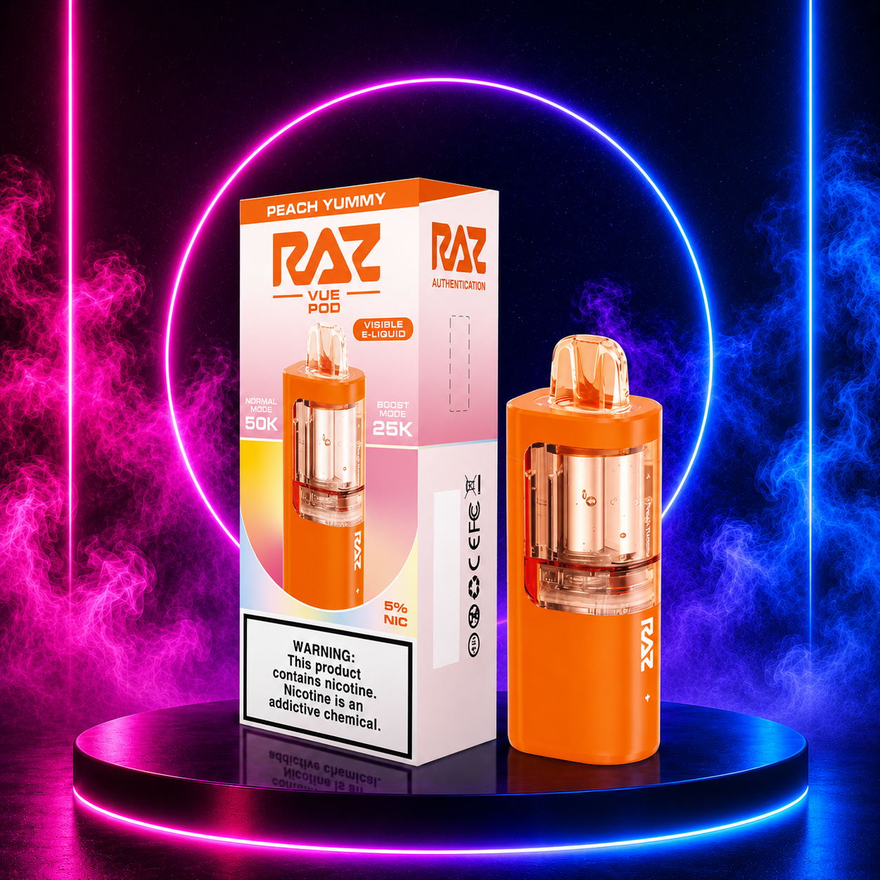 RAZ Vue Pod Peach Yummy 5% Nicotine Replacement Pod with Neon Smoke Background