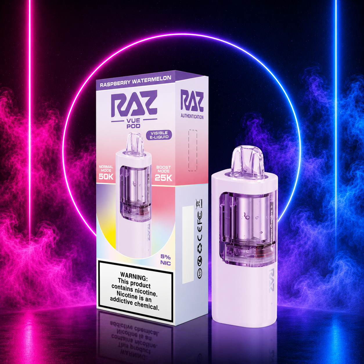 RAZ Vue Pod Raspberry Watermelon 5% Nicotine Replacement Pod with Neon Smoke Background