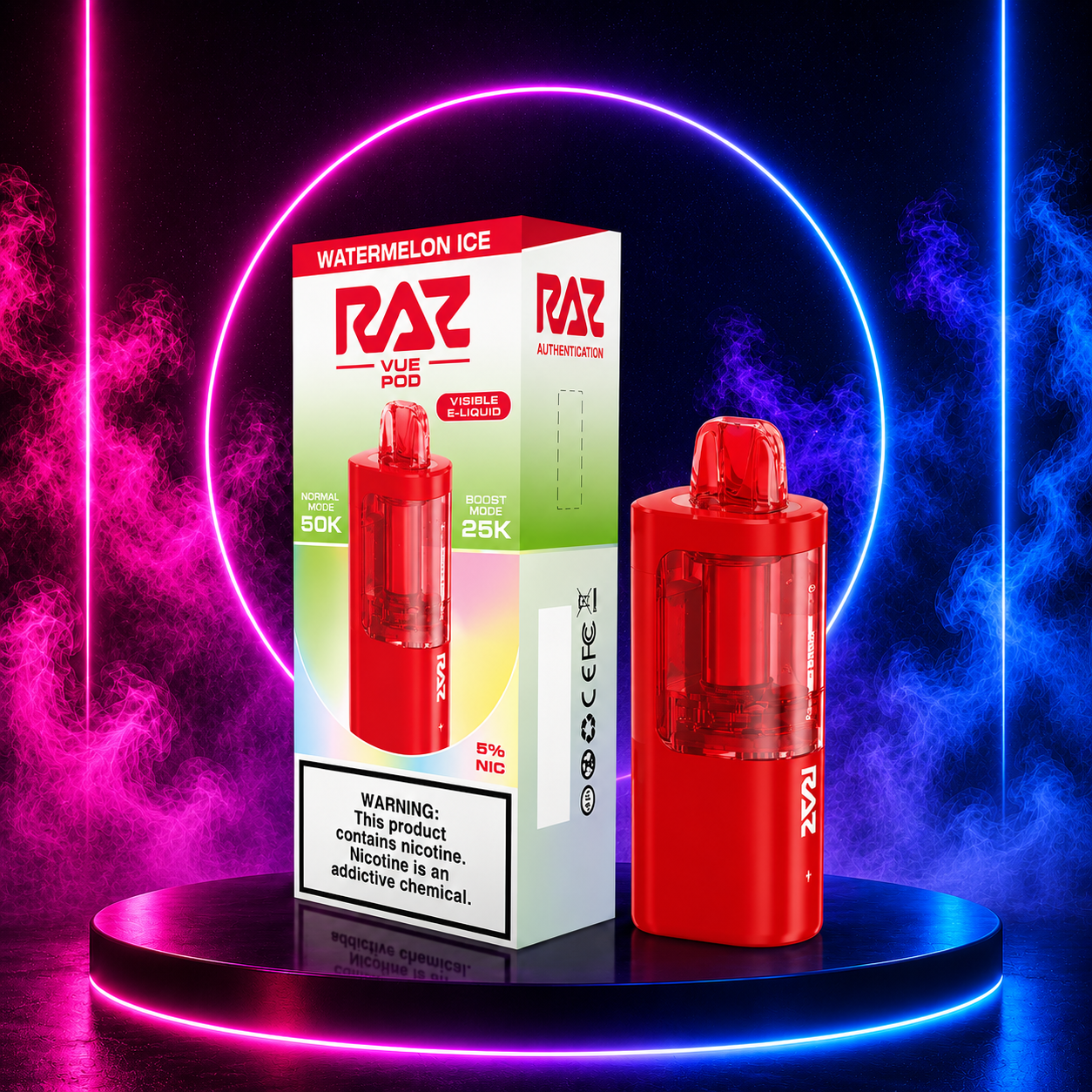 RAZ Vue Pod Watermelon Ice 5% Nicotine Replacement Pod with Neon Smoke Background
