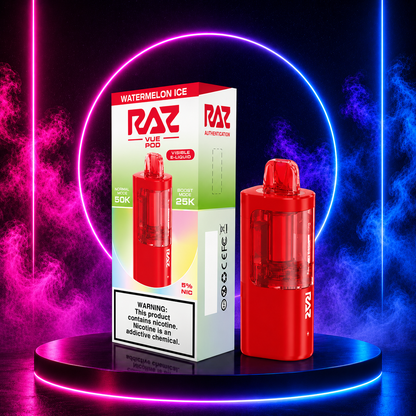 RAZ Vue Pod Watermelon Ice 5% Nicotine Replacement Pod with Neon Smoke Background