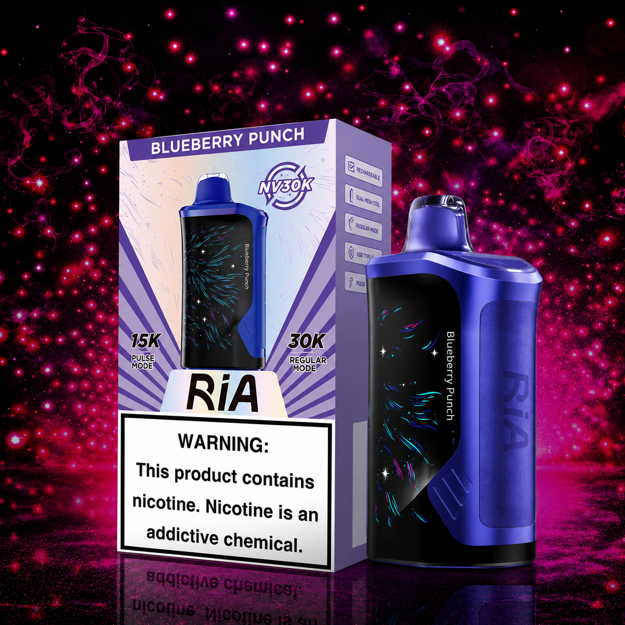 Ria NV30K Blueberry Punch Disposable Vape by Geek Bar with 30000 puffs, rechargeable battery, dual mesh coil, and premium Blueberry Punch flavor available at Pink Smoke Shop.