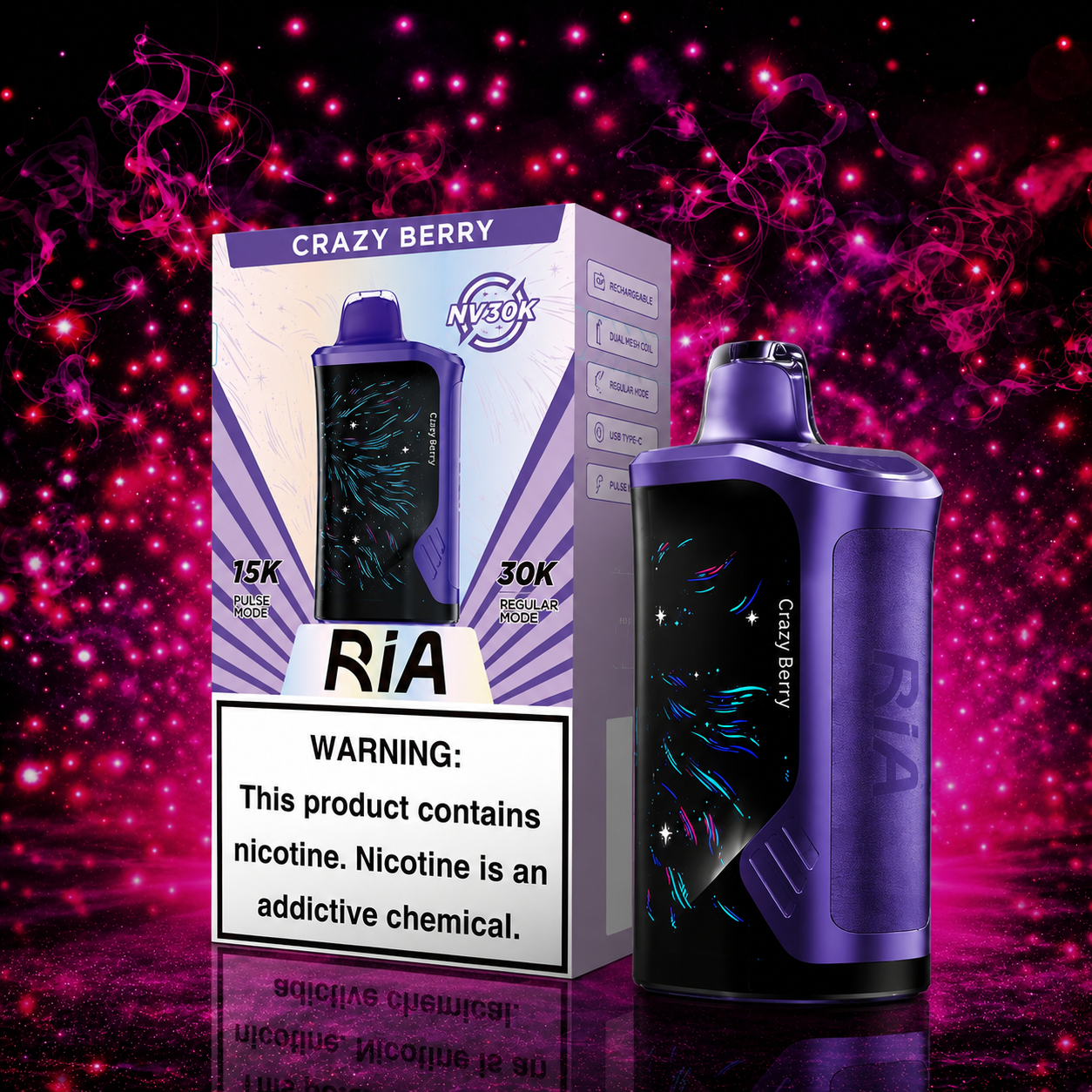 Ria NV30K Crazy Berry Disposable Vape by Geek Bar with 30000 puffs, rechargeable battery, dual mesh coil, and premium flavor available at Pink Smoke Shop.