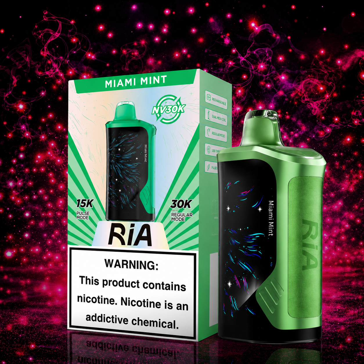 Ria NV30K Miami Mint Disposable Vape by Geek Bar with 30000 puffs, rechargeable battery, dual mesh coil, and refreshing Miami Mint flavor available at Pink Smoke Shop.