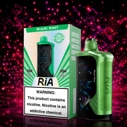 Ria NV30K Miami Mint Disposable Vape by Geek Bar with 30000 puffs, rechargeable battery, dual mesh coil, and refreshing Miami Mint flavor available at Pink Smoke Shop.