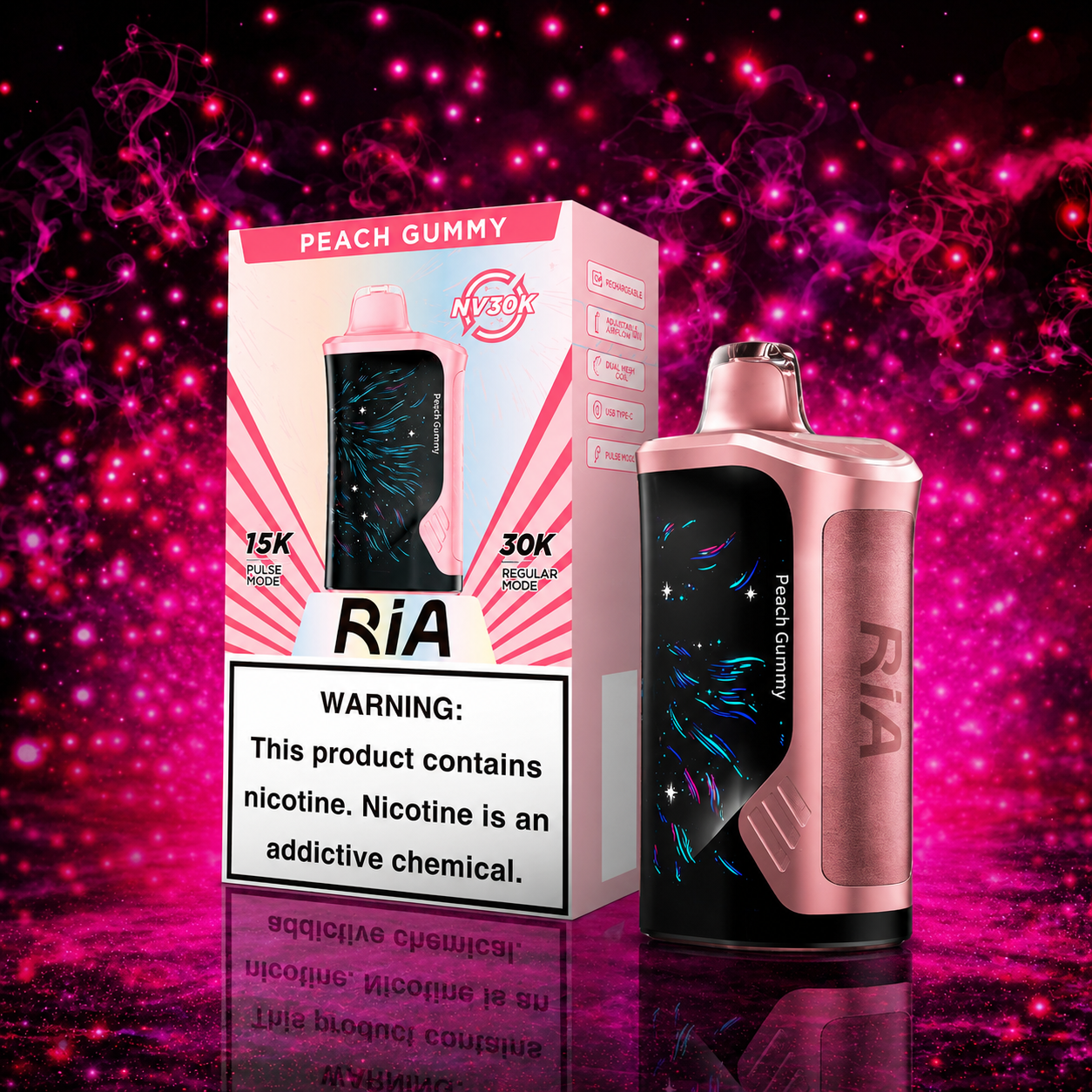 Ria NV30K Peach Gummy Disposable Vape by Geek Bar with 30000 puffs, rechargeable battery, dual mesh coil, and premium flavor available at Pink Smoke Shop.