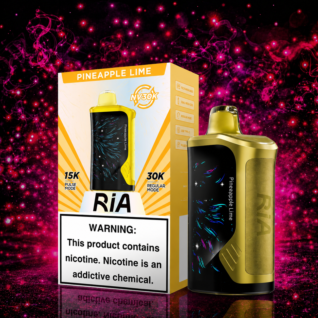 Ria NV30K Pineapple Lime Disposable Vape by Geek Bar with 30000 puffs, rechargeable battery, dual mesh coil, and premium flavor available at Pink Smoke Shop.
