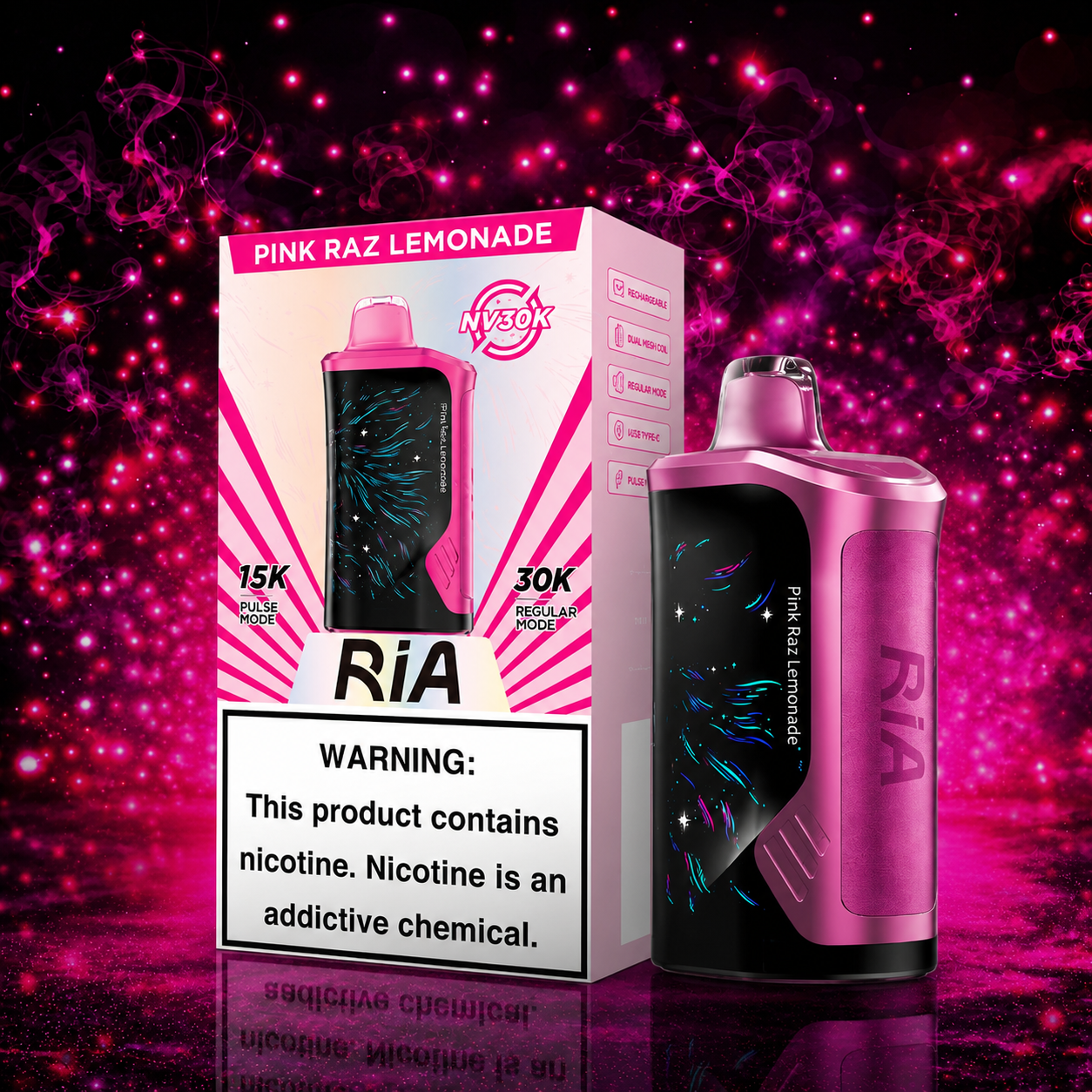 Ria NV30K Pink Raz Lemonade Disposable Vape by Geek Bar with 30000 puffs, rechargeable battery, dual mesh coil, and premium flavor available at Pink Smoke Shop.