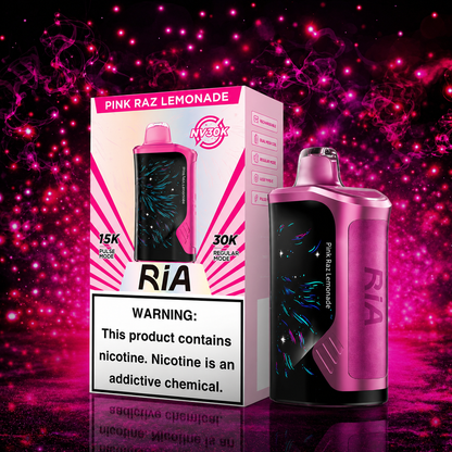 Ria NV30K Pink Raz Lemonade Disposable Vape by Geek Bar with 30000 puffs, rechargeable battery, dual mesh coil, and premium flavor available at Pink Smoke Shop.