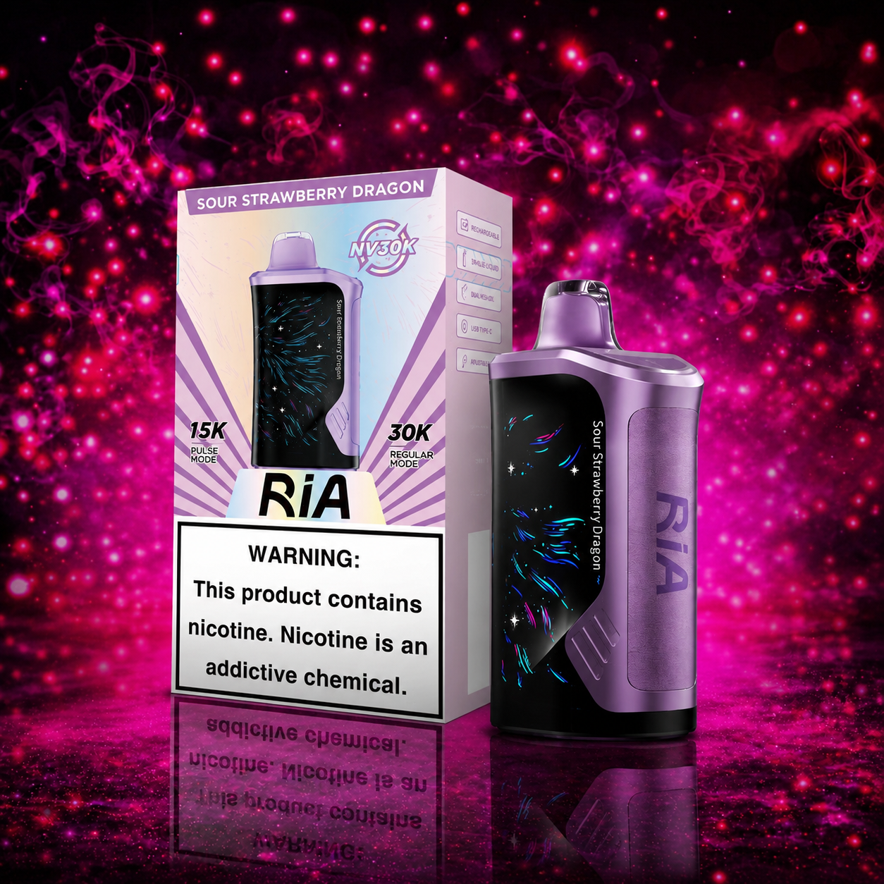 Ria NV30K Sour Strawberry Dragon Disposable Vape by Geek Bar with 30000 puffs, rechargeable battery, dual mesh coil, and premium flavor available at Pink Smoke Shop.