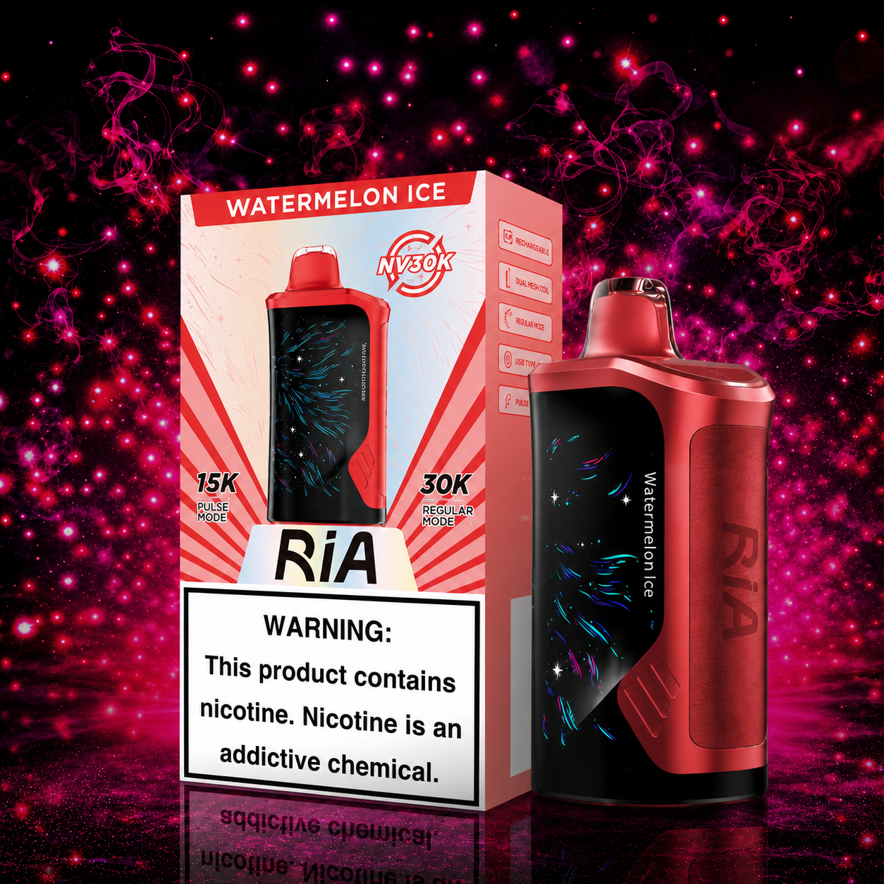 Ria NV30K Watermelon Ice Disposable Vape by Geek Bar with 30000 puffs, rechargeable battery, dual mesh coil, and premium Watermelon Ice flavor available at Pink Smoke Shop.