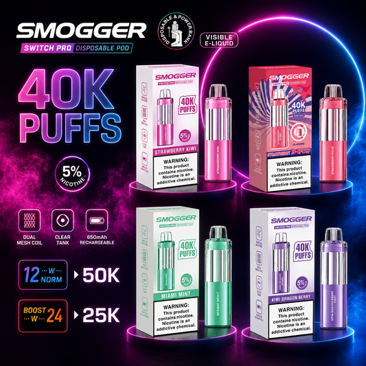 SMOGGER Switch Pro 40K replacement pods in multiple flavors including Strawberry Kiwi, Strawberry B-Pop, Miami Mint, and Kiwi Dragon Berry with neon vape product design