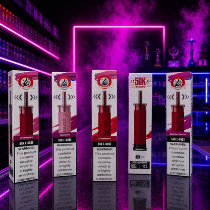 Starbuzz 50K E-Hose disposable vape all flavors including Strawberry, First Love, Double Apple, and Blue Razz Blast at Pink Smoke Shop Miami with neon pink and purple background.
